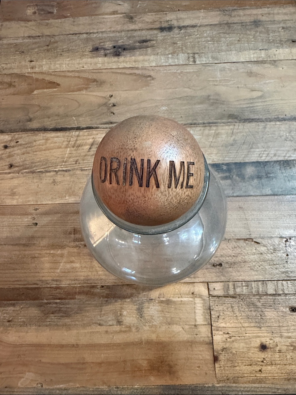 West Elm Glass Beverage Decanter with Wood ball Lid - 'Drink Me'